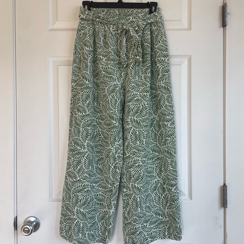 Green Leaf Print Wide-Leg Pants linen